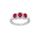 18K White Gold Oval Ruby 3-Stone Round Diamond Halo Fashion Ring