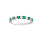 18K White Gold French Set Alternating Round Emerald and Diamond Band