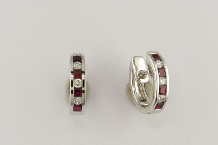 18K White Gold Ruby and Round Diamond Huggie Earrings