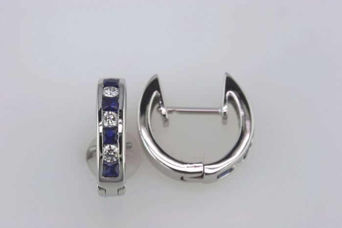 18K White Gold Sapphire and Round Diamond Huggie Earrings