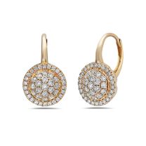 18K Yellow Gold Round Pave Diamond Leaver Back Earrings
