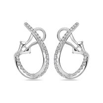 18K White Gold 24mm Oval Omega Back Round Diamond Hoop Earrings