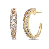 18K Yellow Gold Round Diamond Single Row Hoop Earrings