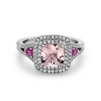 18K White Gold Cushion Morganite Pear Shape Pink Sapphire and Round Diamond Halo Ring