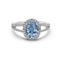 18K White Gold Oval Aquamarine and Round Diamond Halo Ring