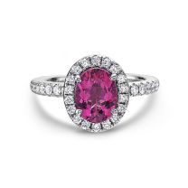 18K White Gold Oval Rubellite Pink Sapphire and Round Diamond Halo Ring