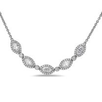 Oval and Round Diamond Halo Curved Line Necklace