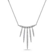 18K White Gold Round Diamond Curved Spike Line Necklace