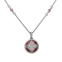 18K White Gold Round Ruby and Diamond Medallion Necklace
