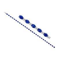 18K White Gold 7" Oval Sapphire and Round Diamond Tennis Bracelet