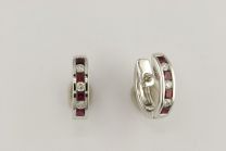 18K White Gold Ruby and Round Diamond Huggie Earrings
