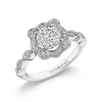 18K White Gold Round Diamond Milgrain Halo Engagement Ring