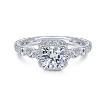14K White Gold Round Halo Diamond Art Deco Engagement Ring