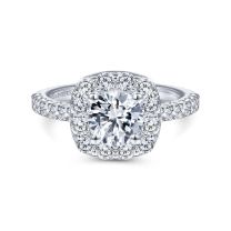 14K White Gold Cushion Halo Round Diamond Engagement Ring
