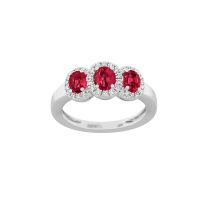 18K White Gold Oval Ruby 3-Stone Round Diamond Halo Fashion Ring