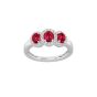 18K White Gold Oval Ruby 3-Stone Round Diamond Halo Fashion Ring