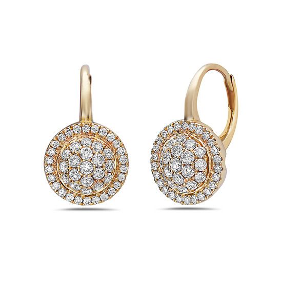 18K Yellow Gold Round Pave Diamond Leaver Back Earrings