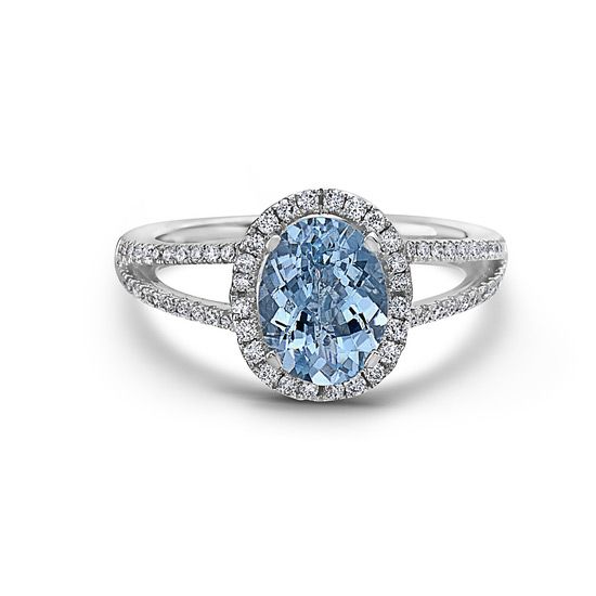 18K White Gold Oval Aquamarine and Round Diamond Halo Ring