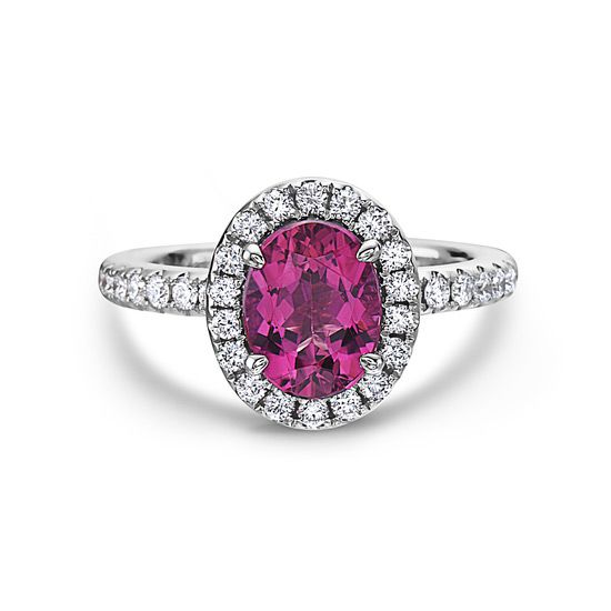 18K White Gold Oval Rubellite Pink Sapphire and Round Diamond Halo Ring