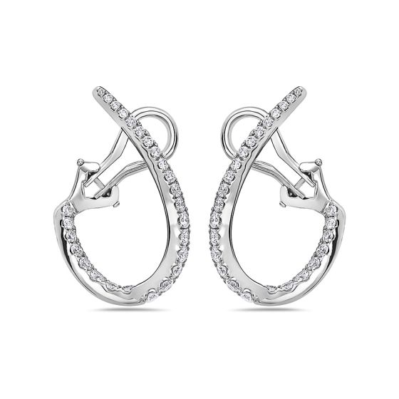 18K White Gold 24mm Oval Omega Back Round Diamond Hoop Earrings