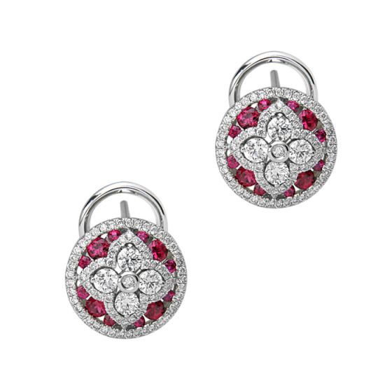 18K White Gold Round Ruby and Diamond Omega Back Button Earrings