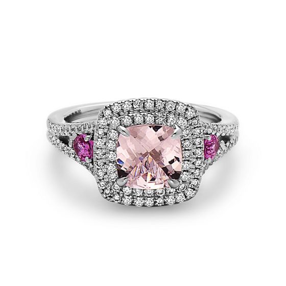 18K White Gold Cushion Morganite Pear Shape Pink Sapphire and Round Diamond Halo Ring