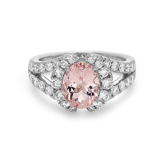 18K White Gold Oval Morganite and Round Diamond Fashion Ring