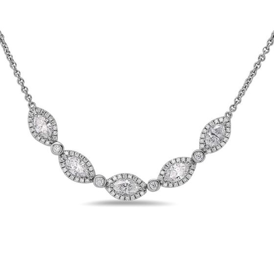 Oval and Round Diamond Halo Curved Line Necklace