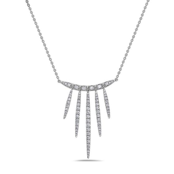 18K White Gold Round Diamond Curved Spike Line Necklace