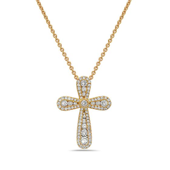 18K Yellow Gold 20mm Round Diamond Cross Pendant