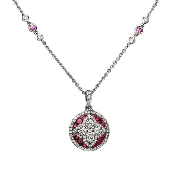 18K White Gold Round Ruby and Diamond Medallion Necklace