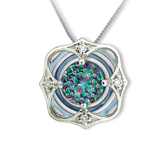 Blue Topaz "Davinchi Cut" Pendant with 4 Round Diamonds