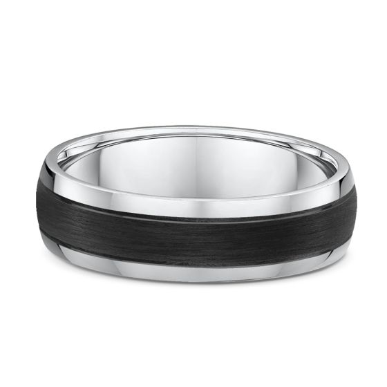 Men's white gold wedding band with carbon fiber