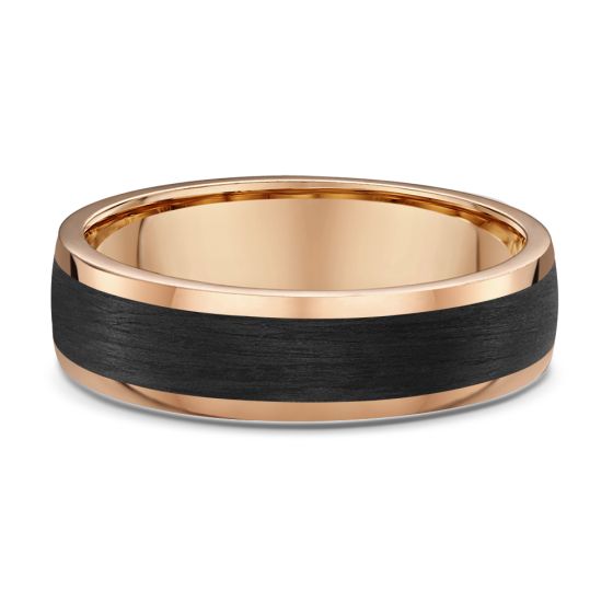 Men's rose gold wedding band with carbon fiber