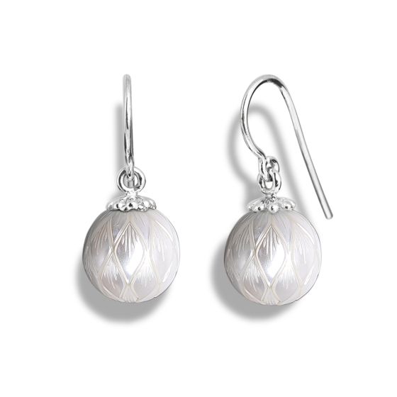 "Lucky Daisy" Carved Fresh Water Pearl Drop Earrings