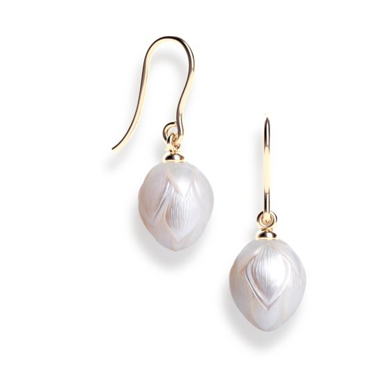 "Lotus" Carved Fresh Water Pearl Drop Earrings