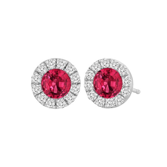 18K White Gold Round Ruby and Diamond Halo Earrings