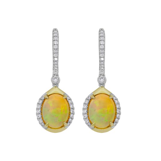 18K Yellow/White Gold Ethiopian Opal and Round Diamond Drop Earrings