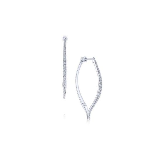 14K White Gold Round Diamond 40mm Intricate Contoured Hoop Earrings
