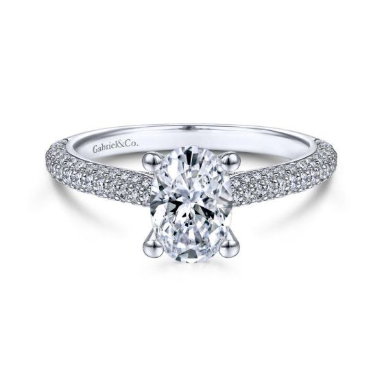 14K White Gold Pave Round Diamond Oval Engagement Ring