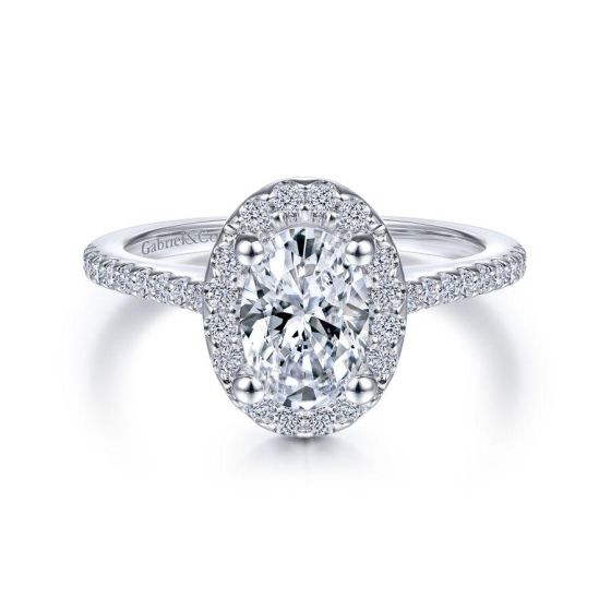 14K White Gold Oval Halo Round Diamond Engagement Ring
