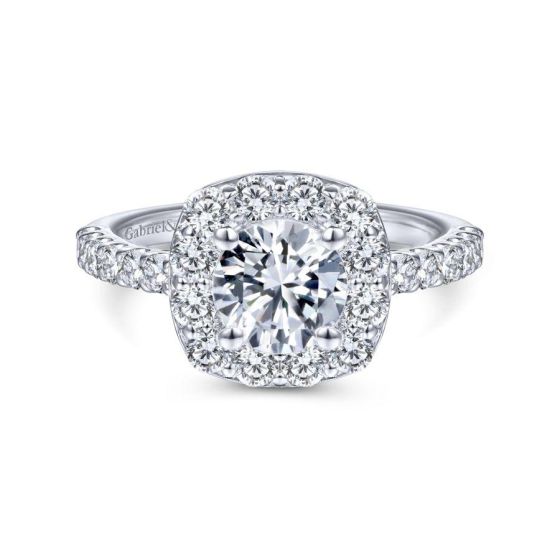 14K White Gold Cushion Halo Round Diamond Engagement Ring