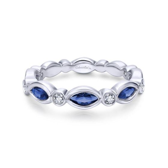 14K White Gold Alternating Round Diamond and Marquise Sapphire Ring