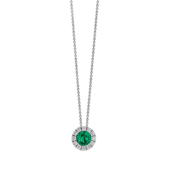 18K White Gold Emerald and Diamond Halo Pendant