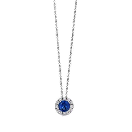 18K White Gold Round Sapphire and Diamond Halo Pendant