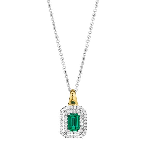 18K White/Yellow Gold Emerald Cut Emerald and Round Diamond Double Halo Pendant