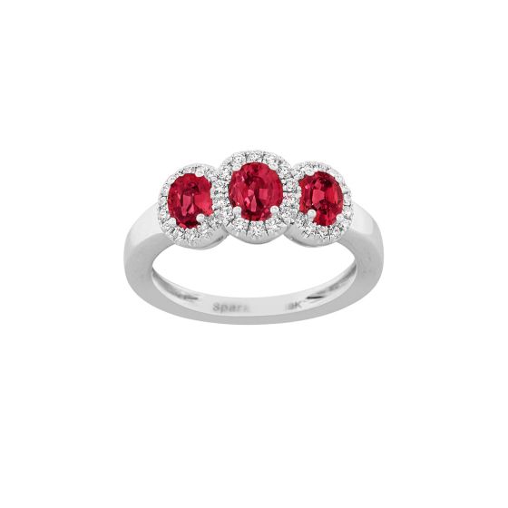 18K White Gold Oval Ruby 3-Stone Round Diamond Halo Fashion Ring