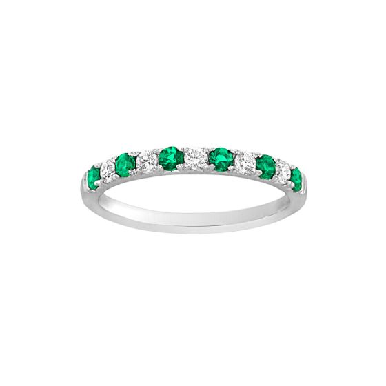 18K White Gold French Set Alternating Round Emerald and Diamond Band