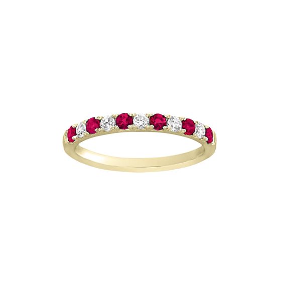 18K Yellow Gold French Set Alternating Round Ruby and Diamond Band