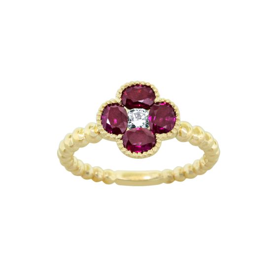 18K Yellow Gold Oval Ruby and Round Diamond Cluster on a Polished Bead Band
